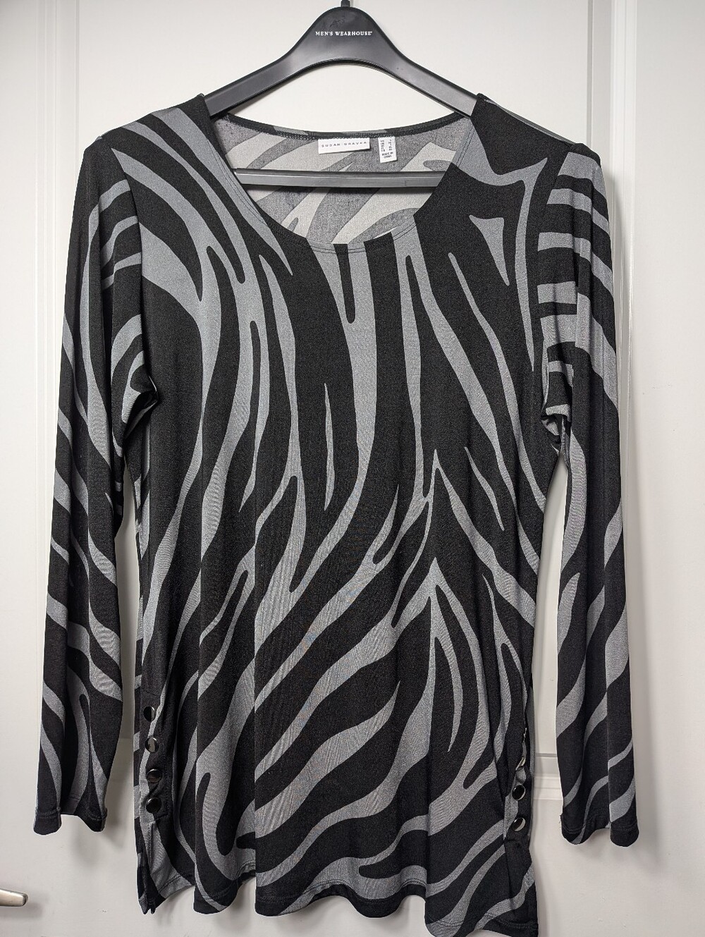 Susan Graver Zebra Print Tunic Top Snaps Black, Size L